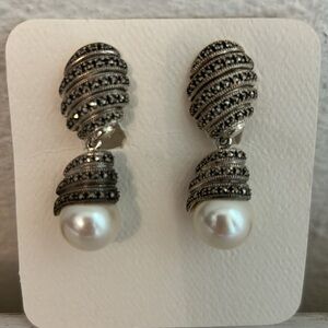 Judith Jack Sterling Silver and Pearl drop earrings with marquisates.